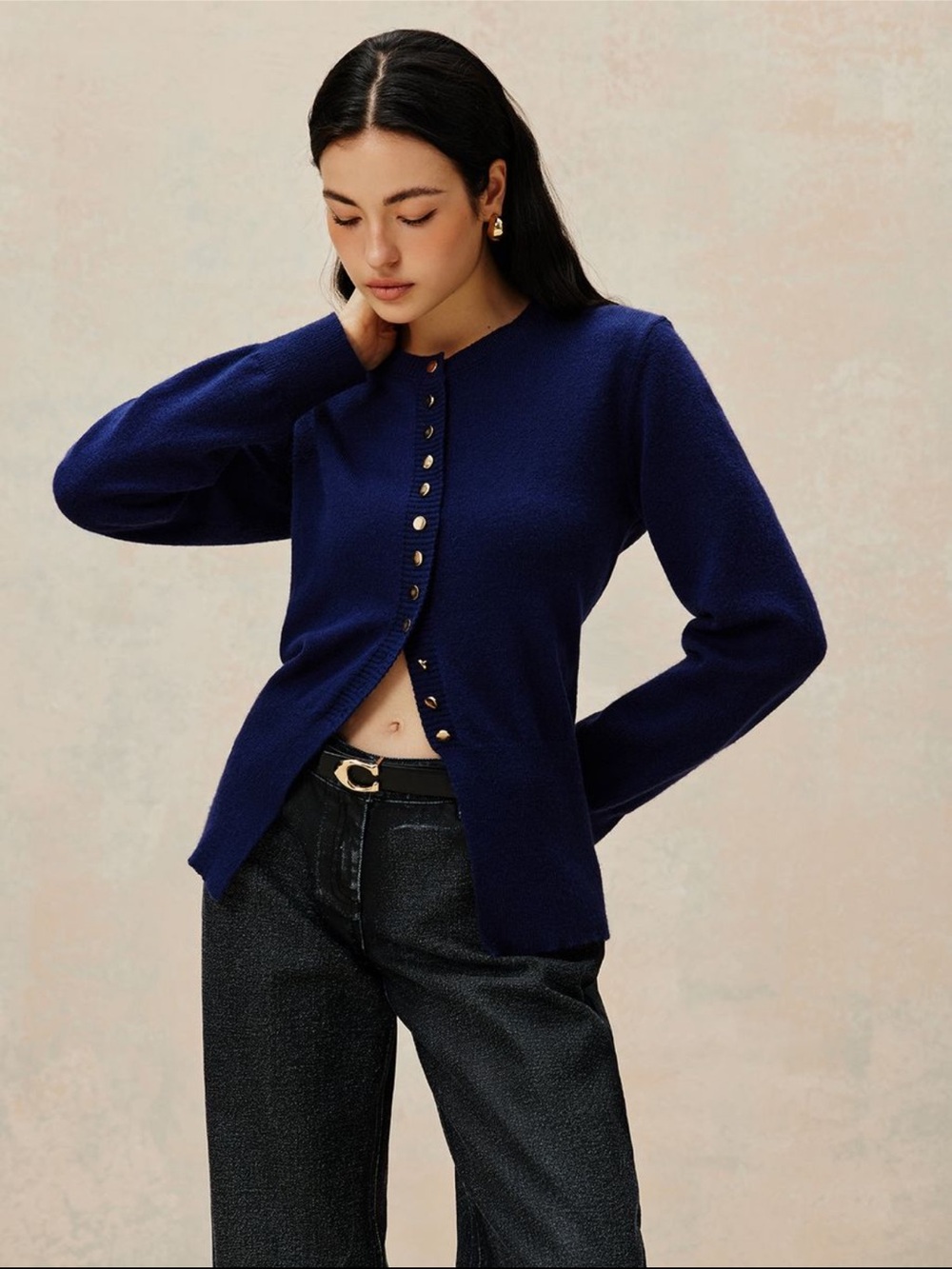 Navy Gold Button-Front Women's Sweater Cardigan Small
